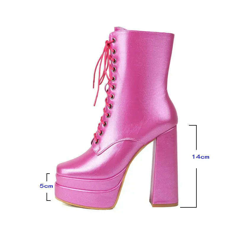 2023 Women Ankle Boots Platform Thick High Heel Ladies Short Boots PU Leather Fashion Square Toe Zipper Women's Boots Big Size - KIMLUD