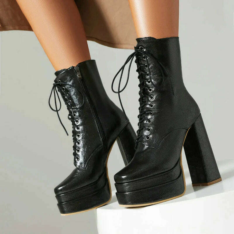 2023 Women Ankle Boots Platform Thick High Heel Ladies Short Boots PU Leather Fashion Square Toe Zipper Women's Boots Big Size - KIMLUD