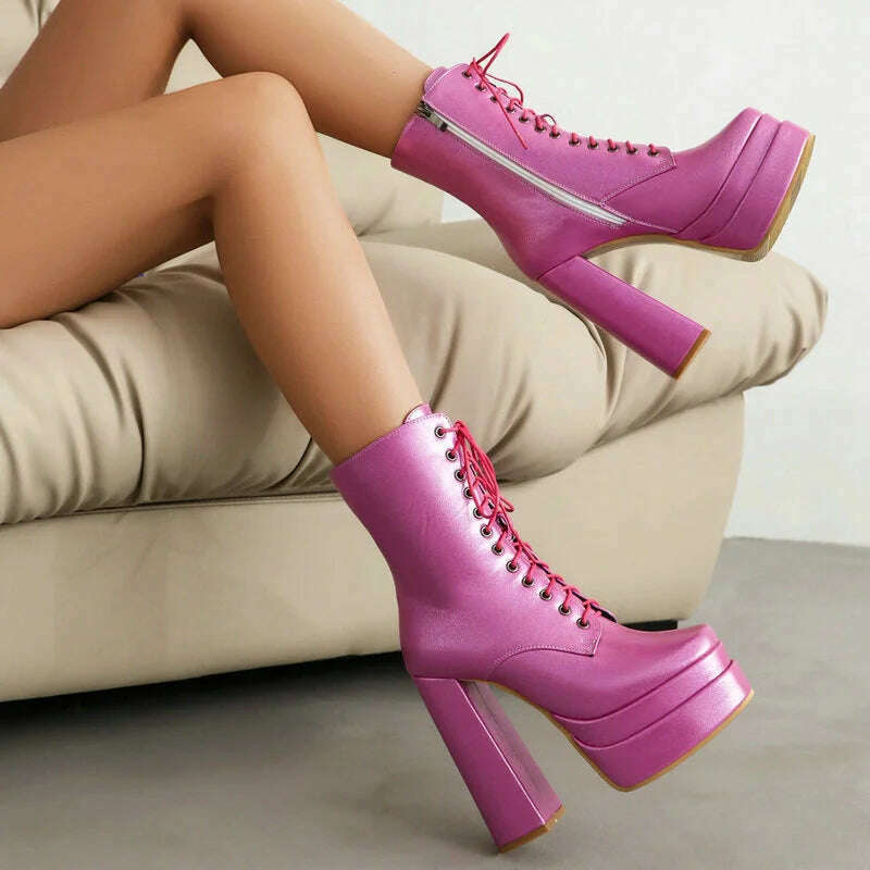 2023 Women Ankle Boots Platform Thick High Heel Ladies Short Boots PU Leather Fashion Square Toe Zipper Women's Boots Big Size - KIMLUD