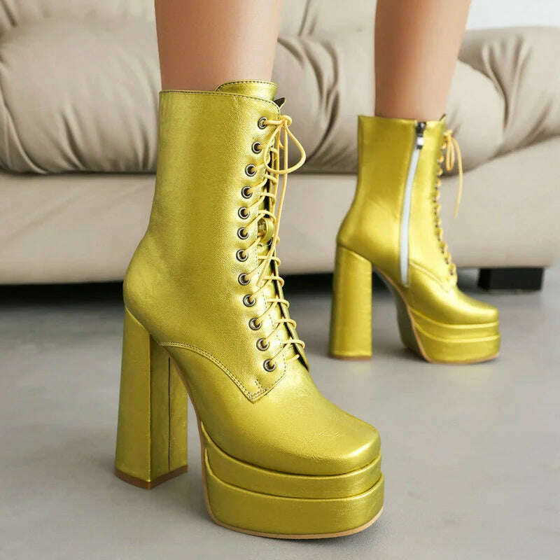 2023 Women Ankle Boots Platform Thick High Heel Ladies Short Boots PU Leather Fashion Square Toe Zipper Women's Boots Big Size - KIMLUD