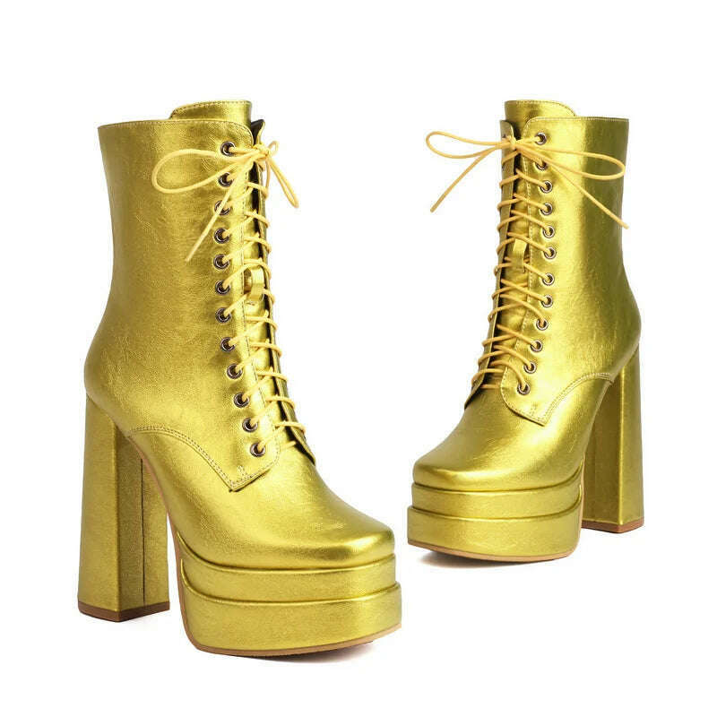 2023 Women Ankle Boots Platform Thick High Heel Ladies Short Boots PU Leather Fashion Square Toe Zipper Women's Boots Big Size - KIMLUD