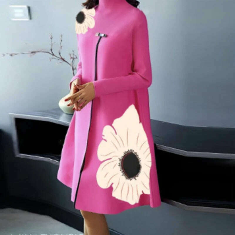 KIMLUD, 2023 Women Flower Print Loose A-Line Dress Autumn Winter Long Sleeve High Split Design Dress Half Turtleneck Casual Ladies Dress, KIMLUD Womens Clothes