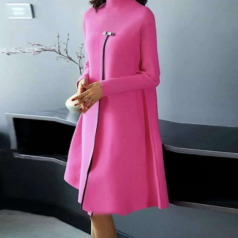 KIMLUD, 2023 Women Flower Print Loose A-Line Dress Autumn Winter Long Sleeve High Split Design Dress Half Turtleneck Casual Ladies Dress, KIMLUD Womens Clothes