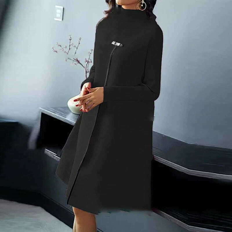 KIMLUD, 2023 Women Flower Print Loose A-Line Dress Autumn Winter Long Sleeve High Split Design Dress Half Turtleneck Casual Ladies Dress, KIMLUD Womens Clothes