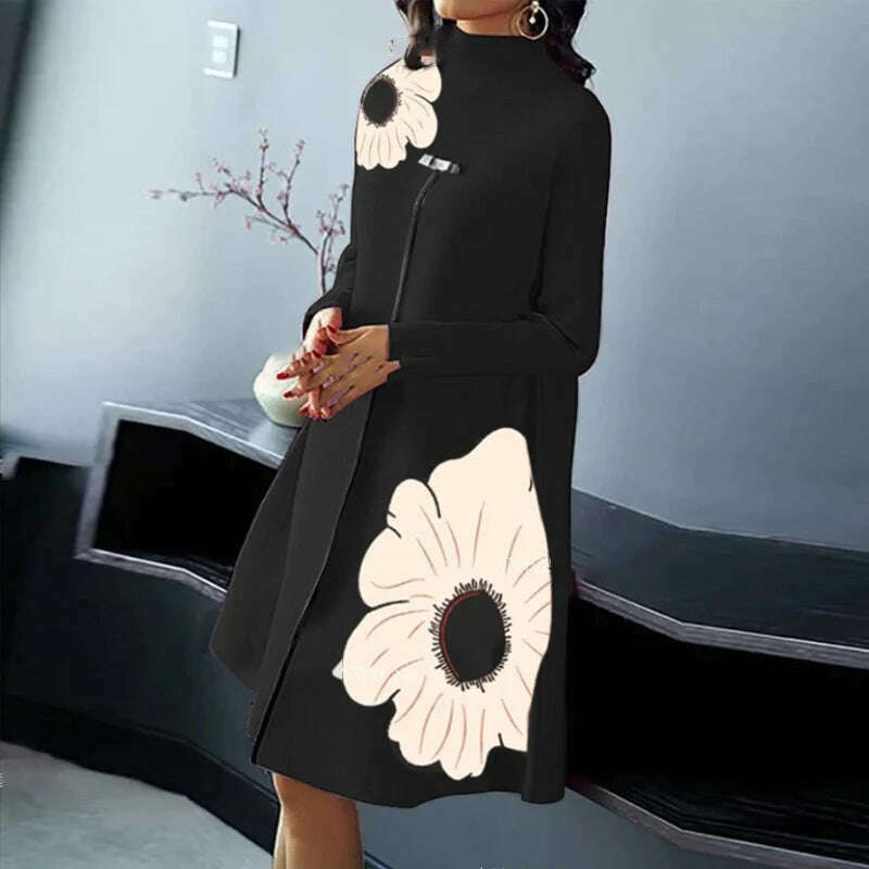 KIMLUD, 2023 Women Flower Print Loose A-Line Dress Autumn Winter Long Sleeve High Split Design Dress Half Turtleneck Casual Ladies Dress, KIMLUD Womens Clothes