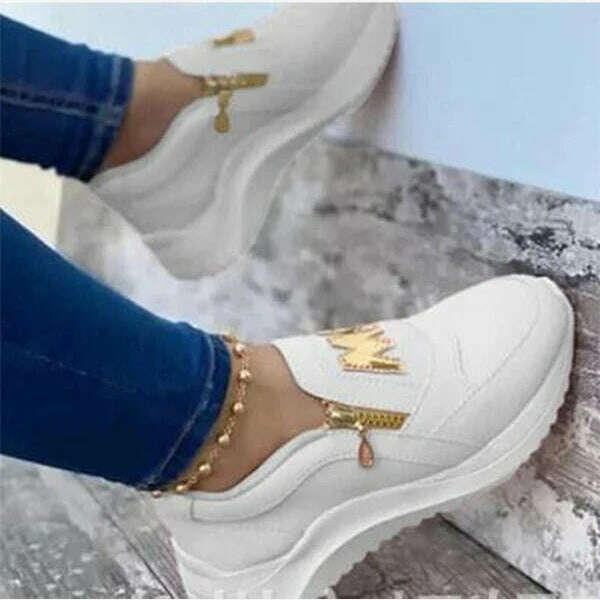 KIMLUD, 2023 Women Sport Sneakers Thick Bottom Letter M Vulcanize Shoes Fashion Wedges Gold Zipper Casual Ladies Platform Walking Shoes, white / 35, KIMLUD Womens Clothes
