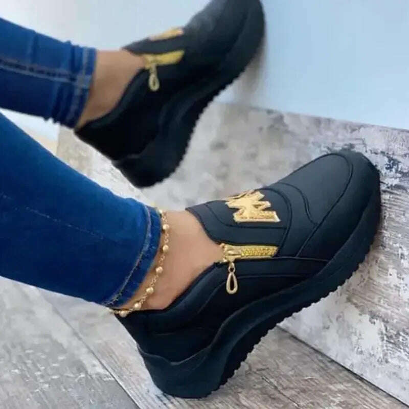 KIMLUD, 2023 Women Sport Sneakers Thick Bottom Letter M Vulcanize Shoes Fashion Wedges Gold Zipper Casual Ladies Platform Walking Shoes, black / 35, KIMLUD Womens Clothes