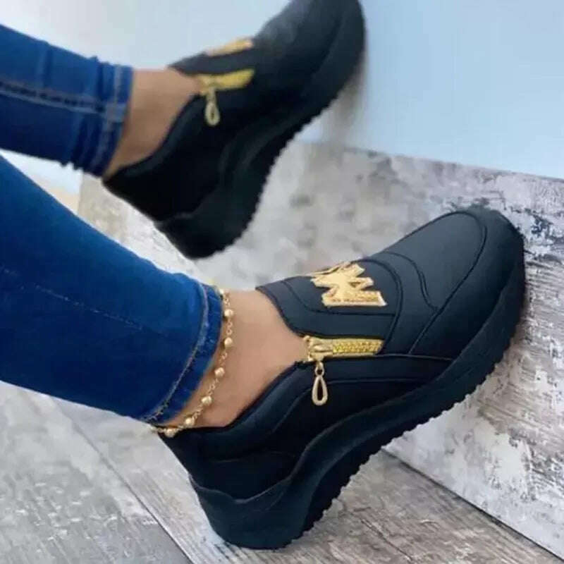 KIMLUD, 2023 Women Sport Sneakers Thick Bottom Letter M Vulcanize Shoes Fashion Wedges Gold Zipper Casual Ladies Platform Walking Shoes, KIMLUD Womens Clothes