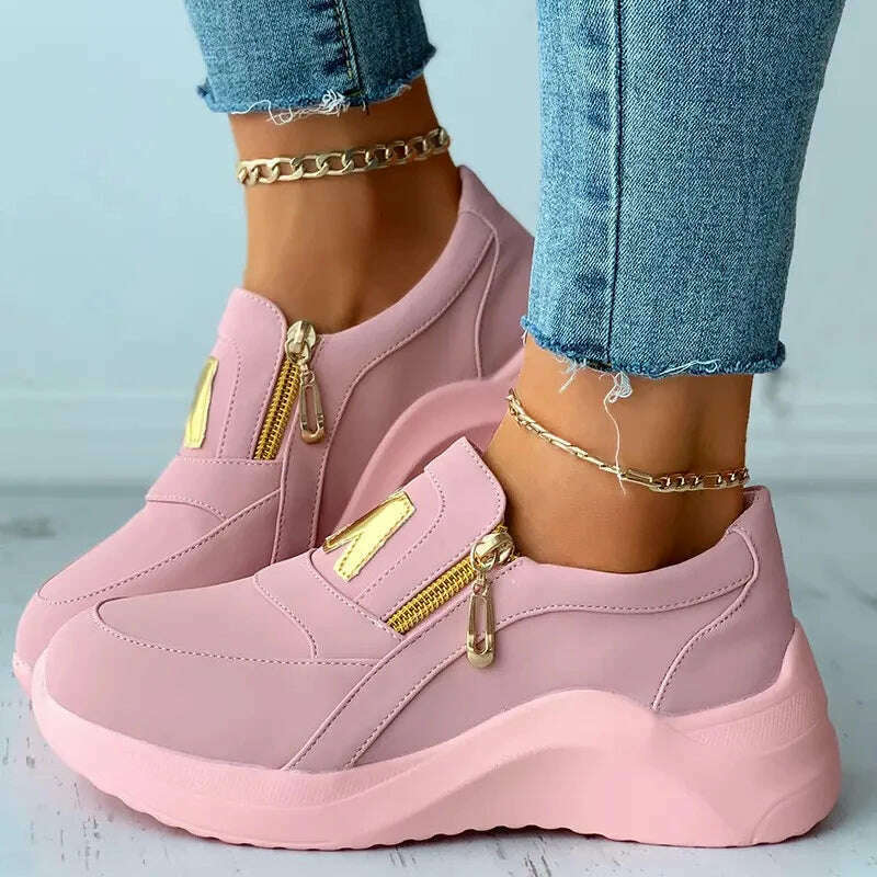 KIMLUD, 2023 Women Sport Sneakers Thick Bottom Letter M Vulcanize Shoes Fashion Wedges Gold Zipper Casual Ladies Platform Walking Shoes, KIMLUD Womens Clothes