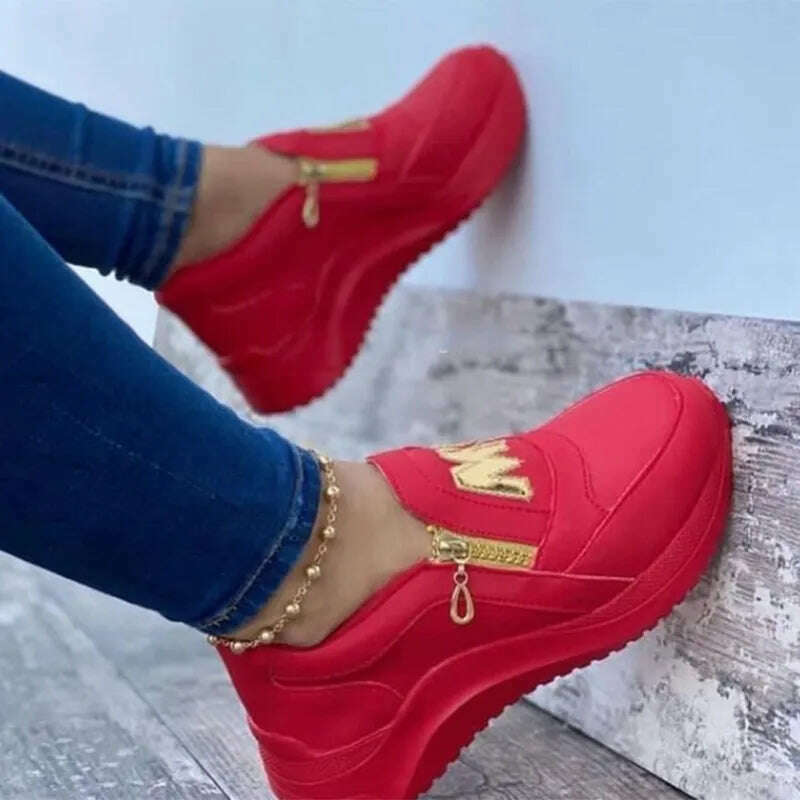 KIMLUD, 2023 Women Sport Sneakers Thick Bottom Letter M Vulcanize Shoes Fashion Wedges Gold Zipper Casual Ladies Platform Walking Shoes, KIMLUD Womens Clothes