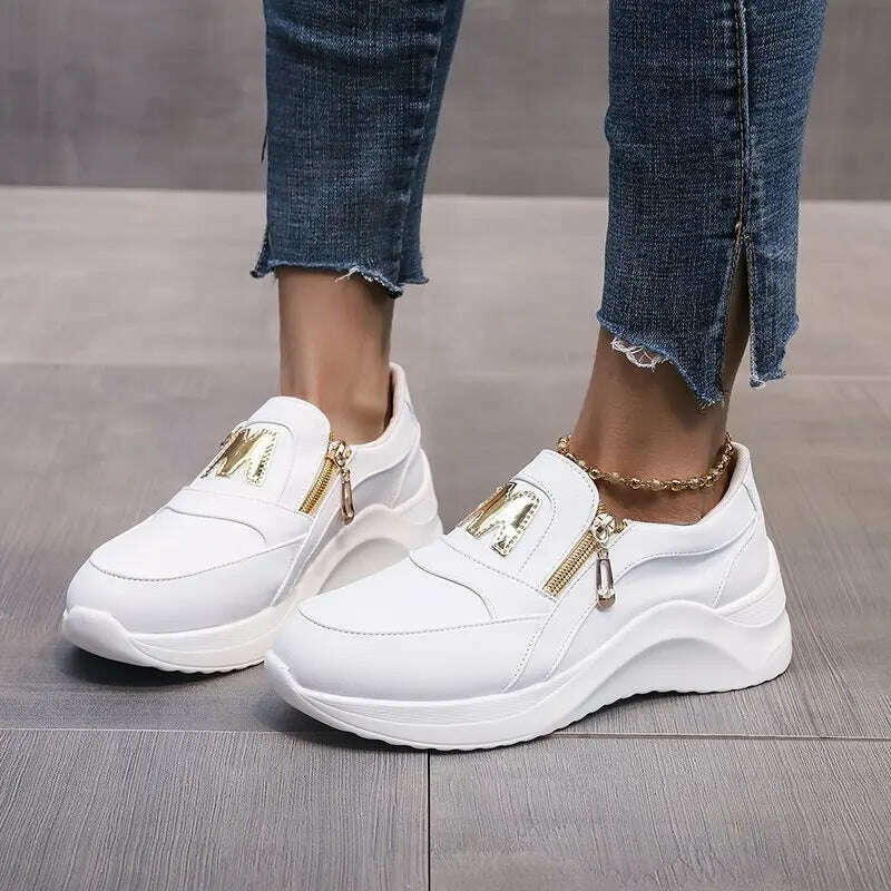 KIMLUD, 2023 Women Sport Sneakers Thick Bottom Letter M Vulcanize Shoes Fashion Wedges Gold Zipper Casual Ladies Platform Walking Shoes, KIMLUD Womens Clothes
