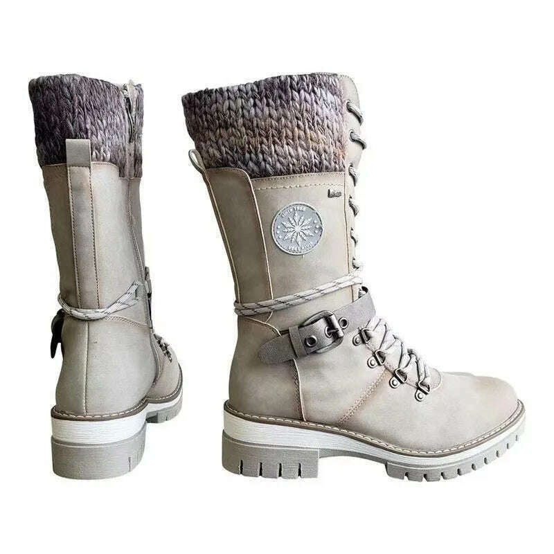 KIMLUD, 2023 Women Winter Buckle Lace Knitted Mid-calf Boots Low Heel Round Toe Boots Top Quality Winter Warm Boots Women Botas De Mujer, KIMLUD Womens Clothes