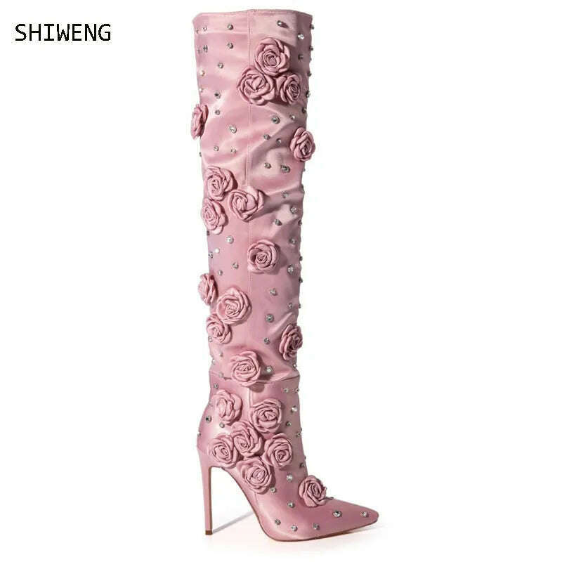 KIMLUD, 2023 Women's Pointed Toe High Heel Boots Elegant Champagne Flower Decor Boots Stiletto Gems Sequin Ladies Boots Women Shoes 44, KIMLUD Womens Clothes