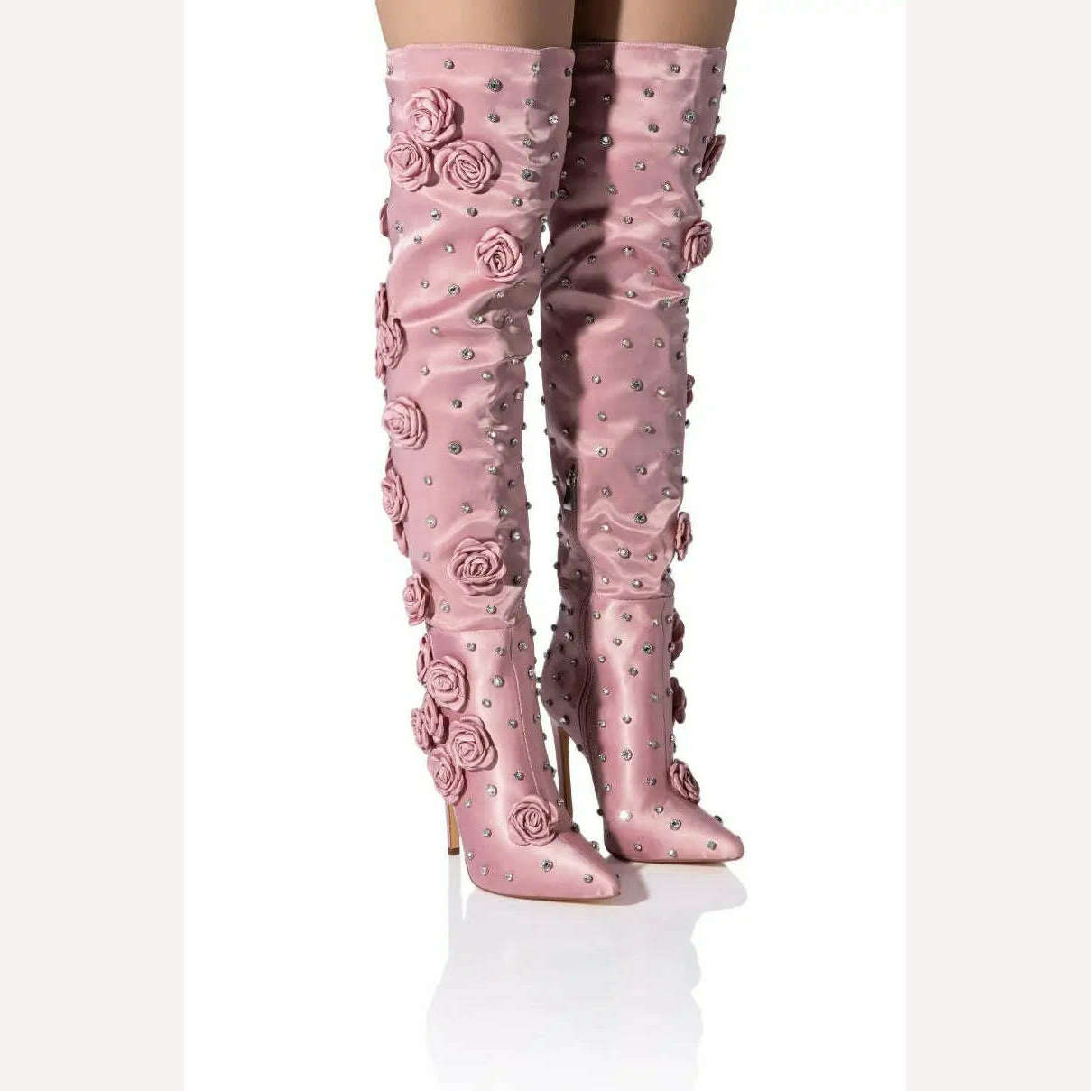 2023 Women's Pointed Toe High Heel Boots Elegant Champagne Flower Decor Boots Stiletto Gems Sequin Ladies Boots Women Shoes 44 - KIMLUD