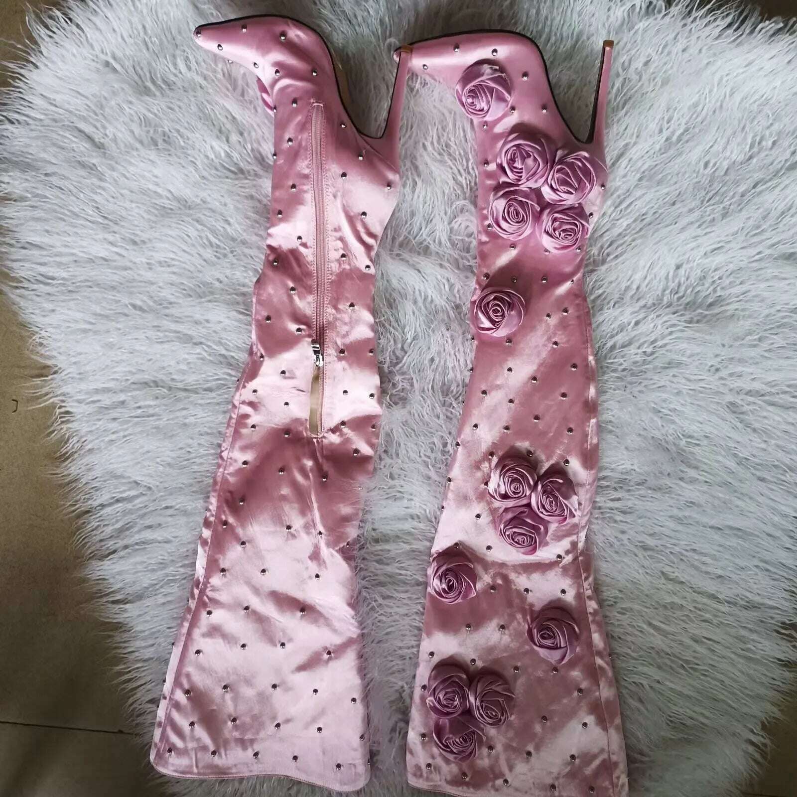 2023 Women's Pointed Toe High Heel Boots Elegant Champagne Flower Decor Boots Stiletto Gems Sequin Ladies Boots Women Shoes 44 - KIMLUD