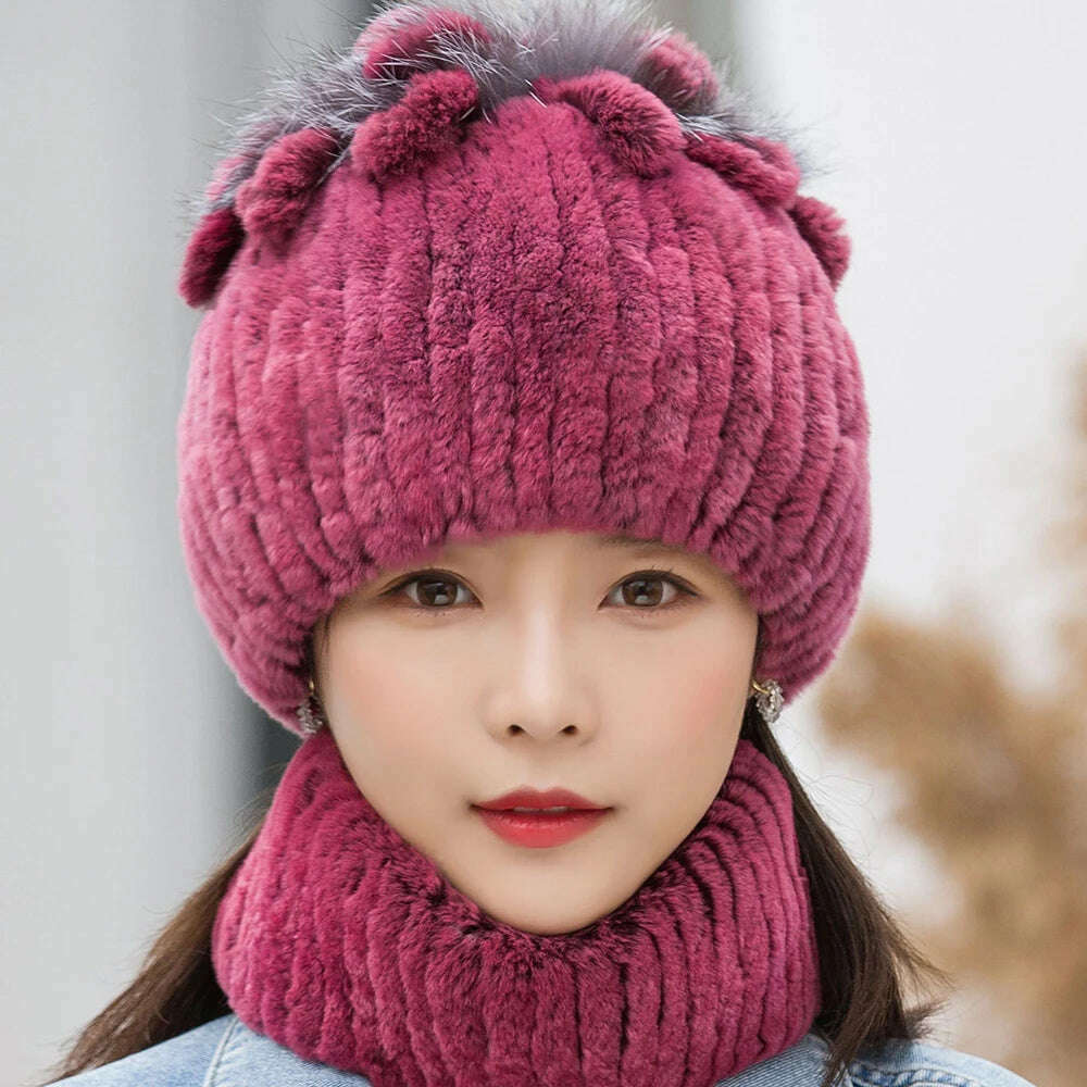 KIMLUD, 2023 Women's Winter Warm Real Rex Rabbit Fur Hat Snow Cap Hats for Women Girls Real Fur Knit Skullies Beanies Natural Fluffy Hat, Suit rose red, KIMLUD Womens Clothes