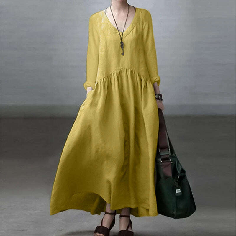 2023 ZANZEA Autumn Long Sleeve V-Neck Mid-Calf Length Sundress Women Solid Color Baggy Dress Pure Cotton Holiday Loose Dresses - KIMLUD