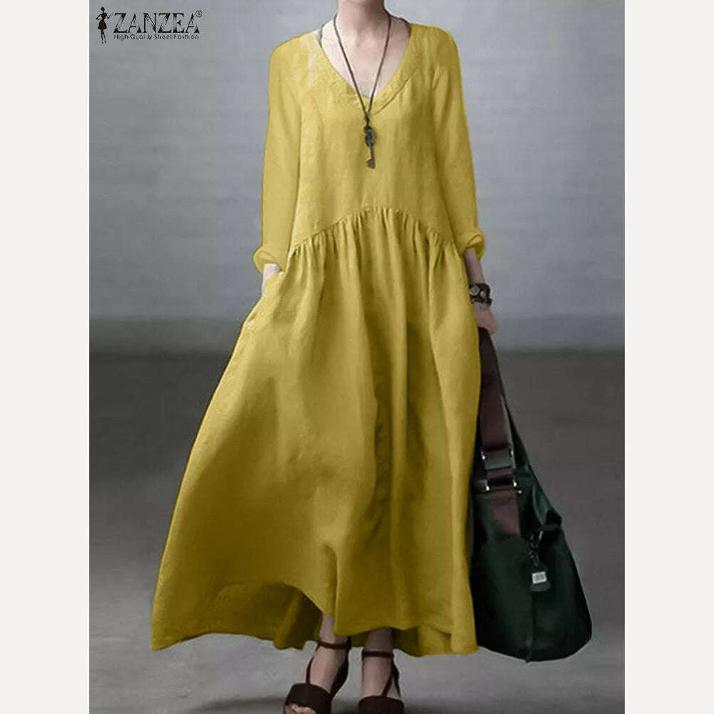 2023 ZANZEA Autumn Long Sleeve V-Neck Mid-Calf Length Sundress Women Solid Color Baggy Dress Pure Cotton Holiday Loose Dresses - KIMLUD