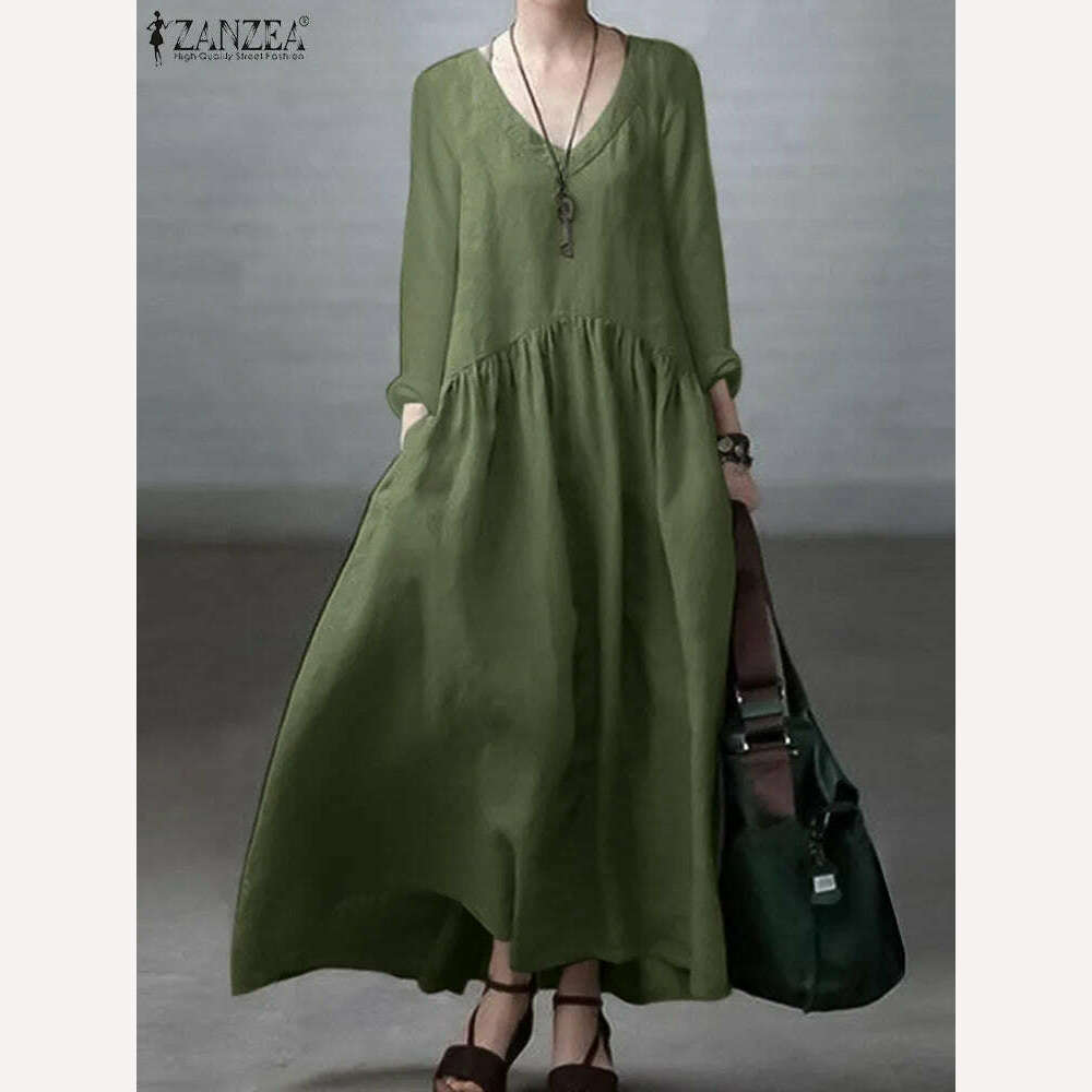 2023 ZANZEA Autumn Long Sleeve V-Neck Mid-Calf Length Sundress Women Solid Color Baggy Dress Pure Cotton Holiday Loose Dresses - KIMLUD