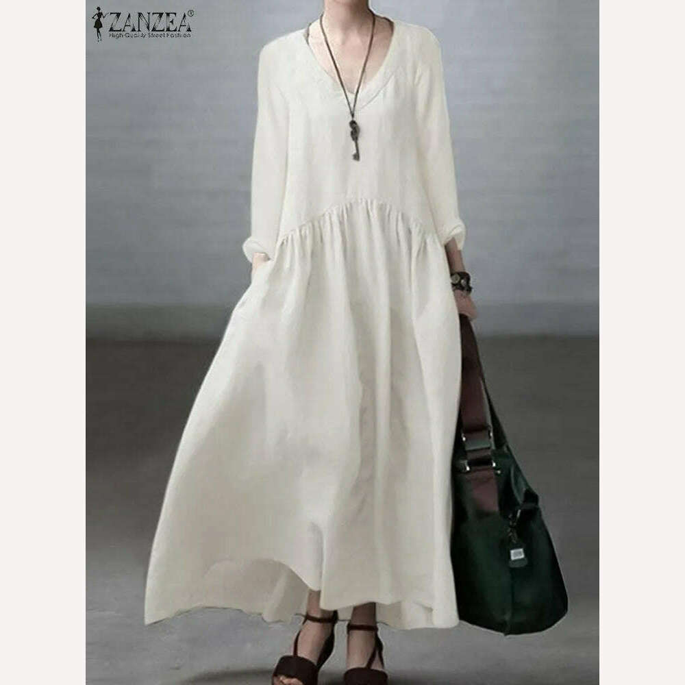 2023 ZANZEA Autumn Long Sleeve V-Neck Mid-Calf Length Sundress Women Solid Color Baggy Dress Pure Cotton Holiday Loose Dresses - KIMLUD