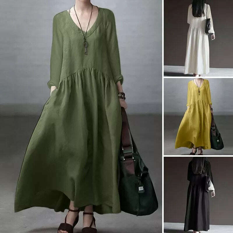 2023 ZANZEA Autumn Long Sleeve V-Neck Mid-Calf Length Sundress Women Solid Color Baggy Dress Pure Cotton Holiday Loose Dresses - KIMLUD