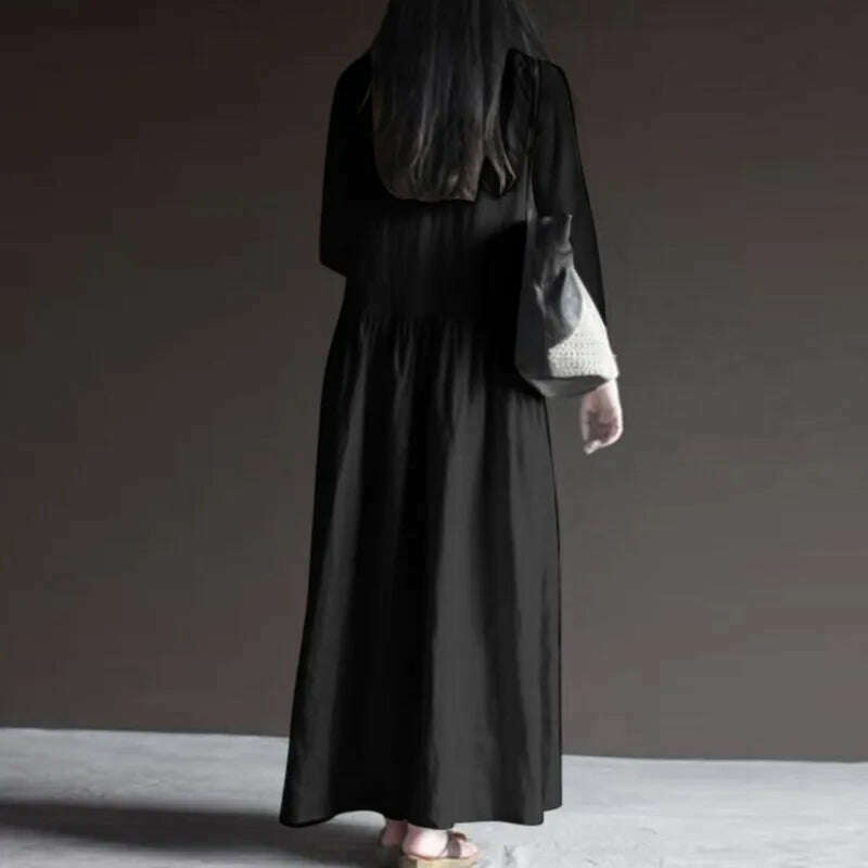 2023 ZANZEA Autumn Long Sleeve V-Neck Mid-Calf Length Sundress Women Solid Color Baggy Dress Pure Cotton Holiday Loose Dresses - KIMLUD