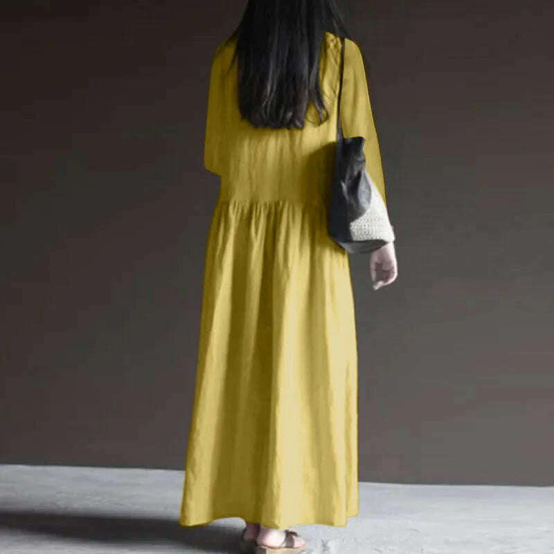 2023 ZANZEA Autumn Long Sleeve V-Neck Mid-Calf Length Sundress Women Solid Color Baggy Dress Pure Cotton Holiday Loose Dresses - KIMLUD