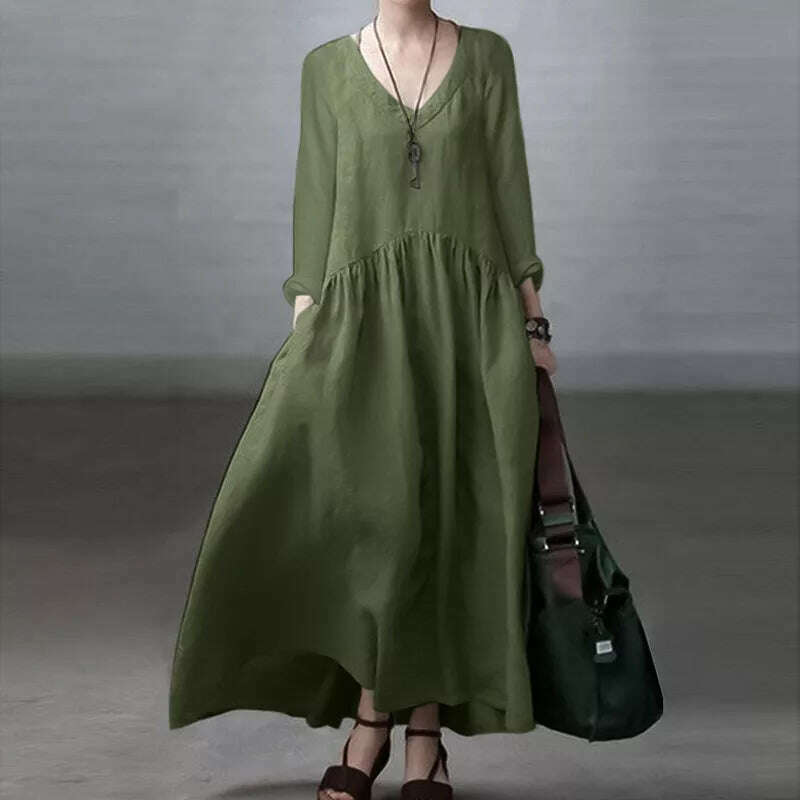 2023 ZANZEA Autumn Long Sleeve V-Neck Mid-Calf Length Sundress Women Solid Color Baggy Dress Pure Cotton Holiday Loose Dresses - KIMLUD