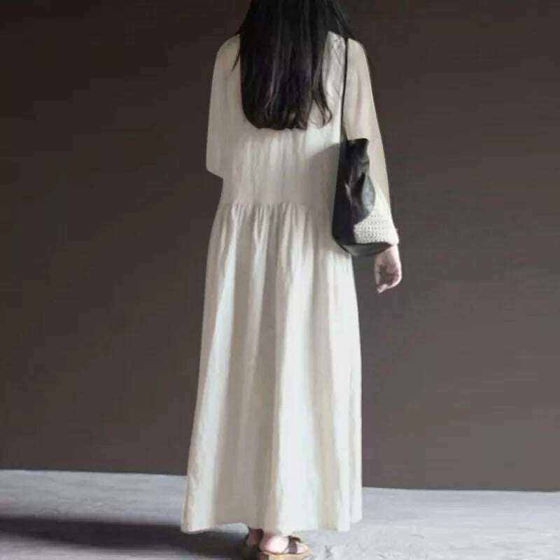 2023 ZANZEA Autumn Long Sleeve V-Neck Mid-Calf Length Sundress Women Solid Color Baggy Dress Pure Cotton Holiday Loose Dresses - KIMLUD