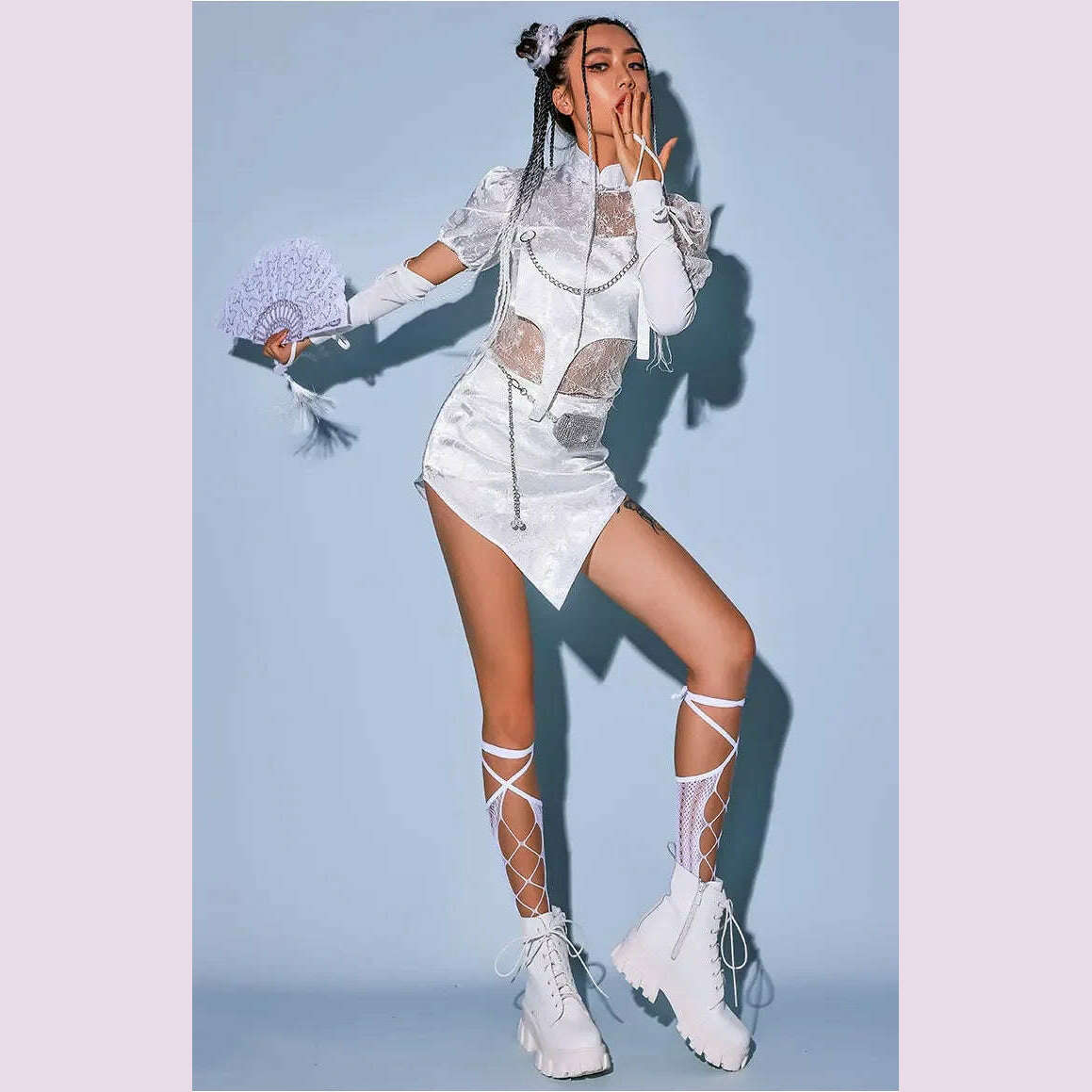 KIMLUD, 2023New Jazz Dance Costume Women Sexy White Lace Gogo Dancer Outfit Hip Hop Clothes Korean Singer Stage Costume Dj Ds Rave Wear, KIMLUD Womens Clothes