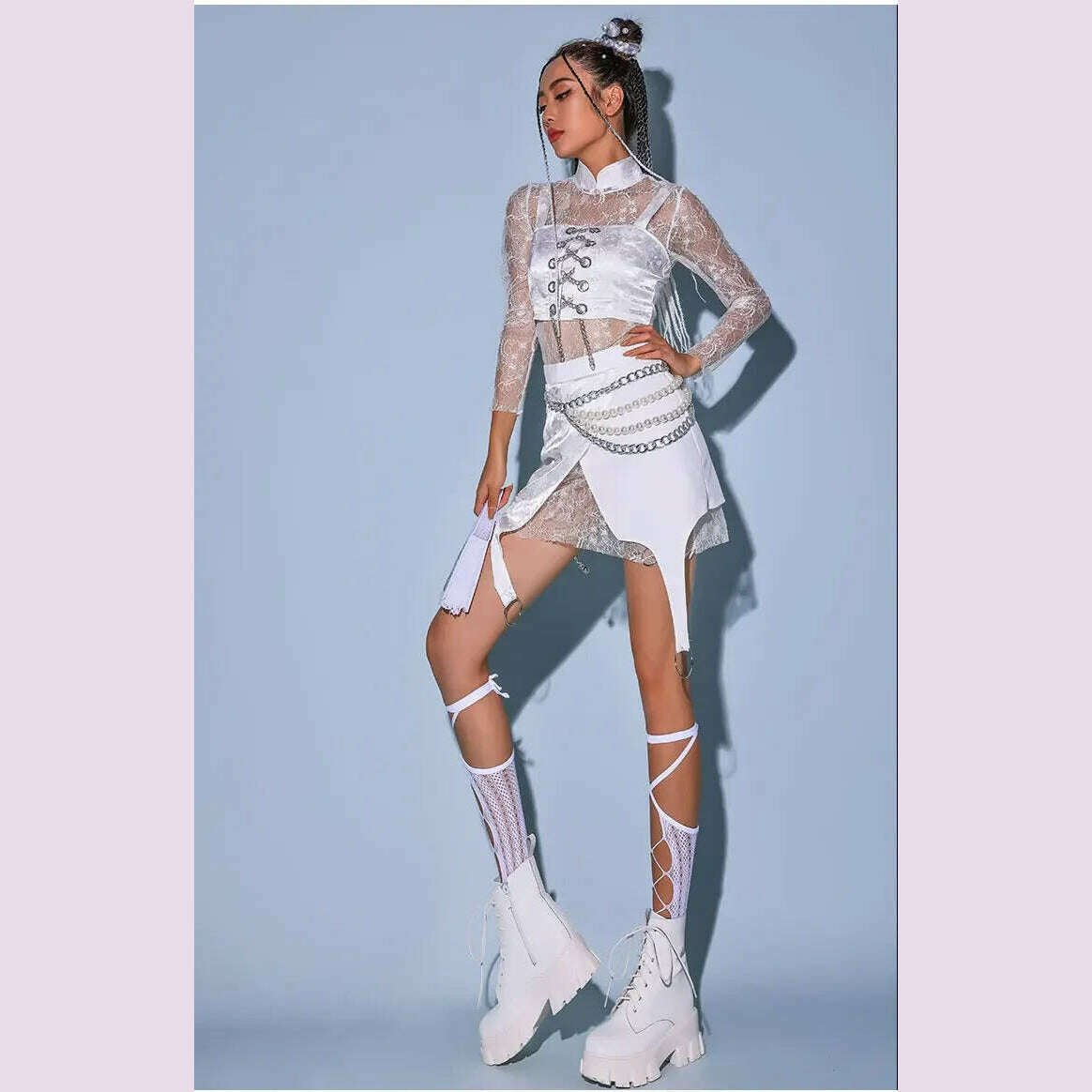 KIMLUD, 2023New Jazz Dance Costume Women Sexy White Lace Gogo Dancer Outfit Hip Hop Clothes Korean Singer Stage Costume Dj Ds Rave Wear, KIMLUD Womens Clothes