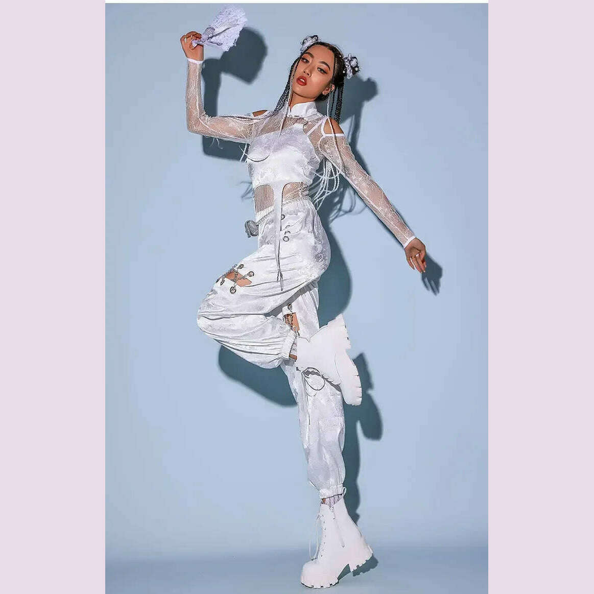 KIMLUD, 2023New Jazz Dance Costume Women Sexy White Lace Gogo Dancer Outfit Hip Hop Clothes Korean Singer Stage Costume Dj Ds Rave Wear, KIMLUD Womens Clothes