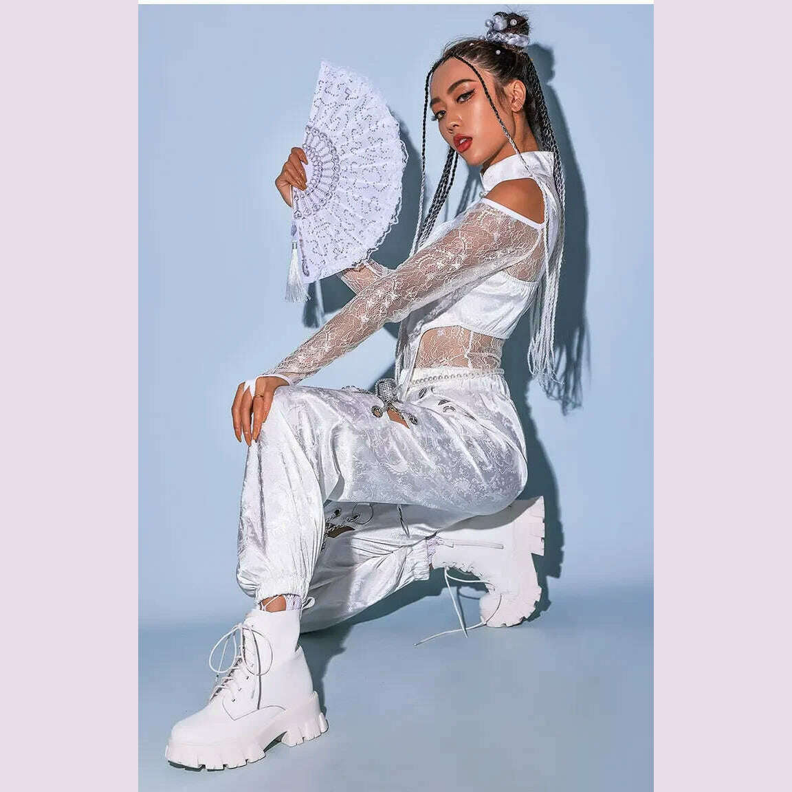 KIMLUD, 2023New Jazz Dance Costume Women Sexy White Lace Gogo Dancer Outfit Hip Hop Clothes Korean Singer Stage Costume Dj Ds Rave Wear, KIMLUD Womens Clothes