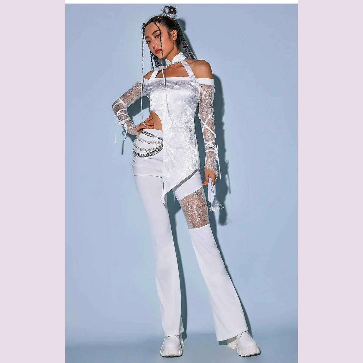 KIMLUD, 2023New Jazz Dance Costume Women Sexy White Lace Gogo Dancer Outfit Hip Hop Clothes Korean Singer Stage Costume Dj Ds Rave Wear, KIMLUD Womens Clothes