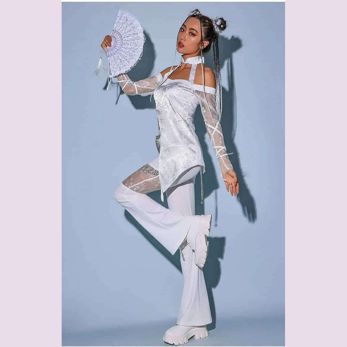 KIMLUD, 2023New Jazz Dance Costume Women Sexy White Lace Gogo Dancer Outfit Hip Hop Clothes Korean Singer Stage Costume Dj Ds Rave Wear, KIMLUD Womens Clothes