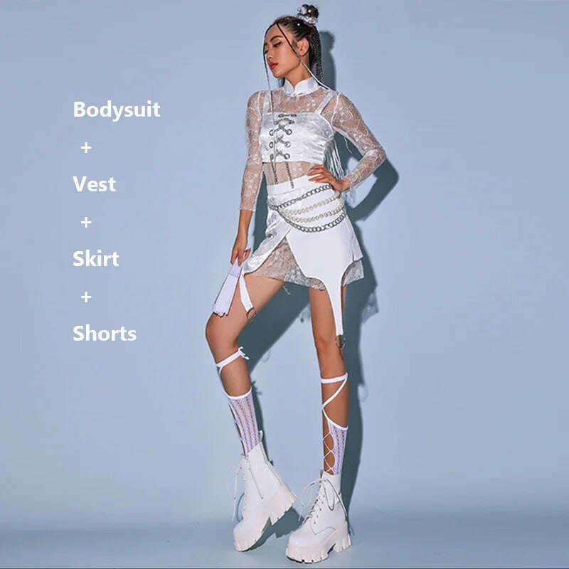 KIMLUD, 2023New Jazz Dance Costume Women Sexy White Lace Gogo Dancer Outfit Hip Hop Clothes Korean Singer Stage Costume Dj Ds Rave Wear, Style 3 / 170cm-175cm, KIMLUD APPAREL - Womens Clothes