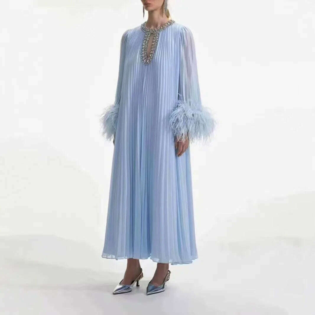 KIMLUD, 2024 Autumn New Dress Round Neck Heavy Industry Hairy Sleeves Splicing Pleated Medium and Long Dresses Casual Women's Clothing, KIMLUD Womens Clothes