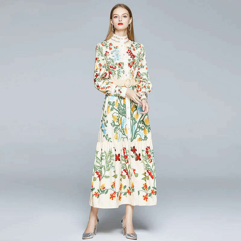 KIMLUD, 2024 Autumn Runway Maxi Dress Women's Long Sleeve Stand Gorgeous Flower Print Long Dress Female Buttons up Sashes Holidays Dress, KIMLUD Women's Clothes