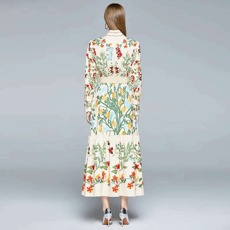 KIMLUD, 2024 Autumn Runway Maxi Dress Women's Long Sleeve Stand Gorgeous Flower Print Long Dress Female Buttons up Sashes Holidays Dress, KIMLUD Women's Clothes