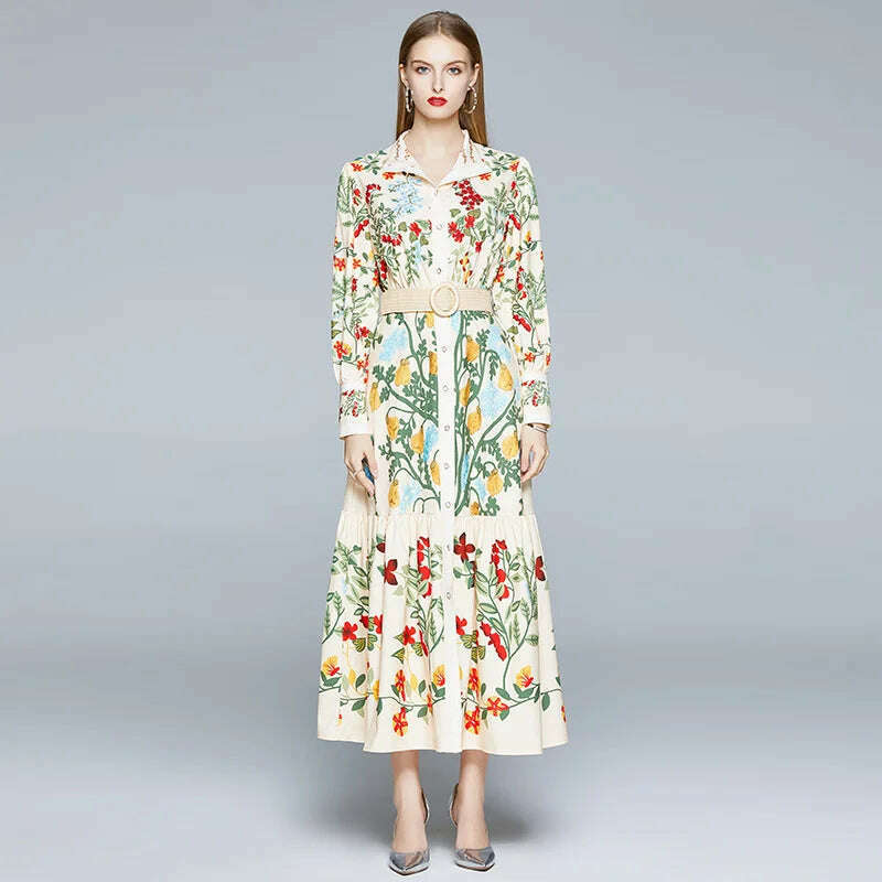 KIMLUD, 2024 Autumn Runway Maxi Dress Women's Long Sleeve Stand Gorgeous Flower Print Long Dress Female Buttons up Sashes Holidays Dress, KIMLUD Women's Clothes