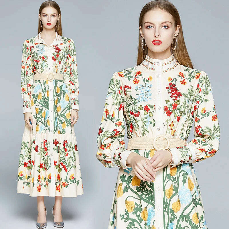 KIMLUD, 2024 Autumn Runway Maxi Dress Women's Long Sleeve Stand Gorgeous Flower Print Long Dress Female Buttons up Sashes Holidays Dress, KIMLUD Women's Clothes