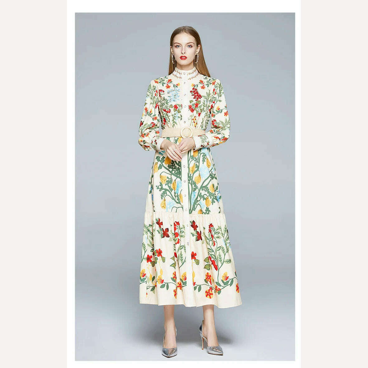 KIMLUD, 2024 Autumn Runway Maxi Dress Women's Long Sleeve Stand Gorgeous Flower Print Long Dress Female Buttons up Sashes Holidays Dress, KIMLUD Women's Clothes