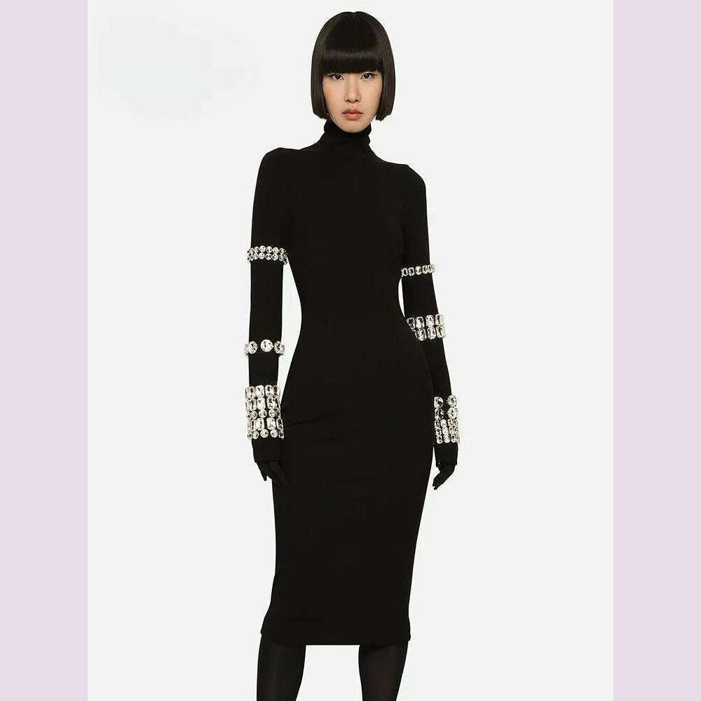 KIMLUD, 2024 Autumn Winter Luxury Party Dresses for Women Long Sleeve Gloves with Crystal Black Bandage Midi Evening Gowns, KIMLUD Womens Clothes