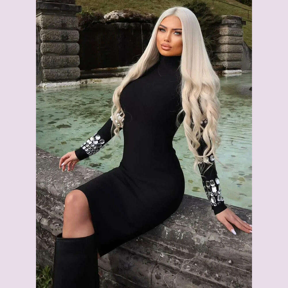 KIMLUD, 2024 Autumn Winter Luxury Party Dresses for Women Long Sleeve Gloves with Crystal Black Bandage Midi Evening Gowns, KIMLUD Womens Clothes