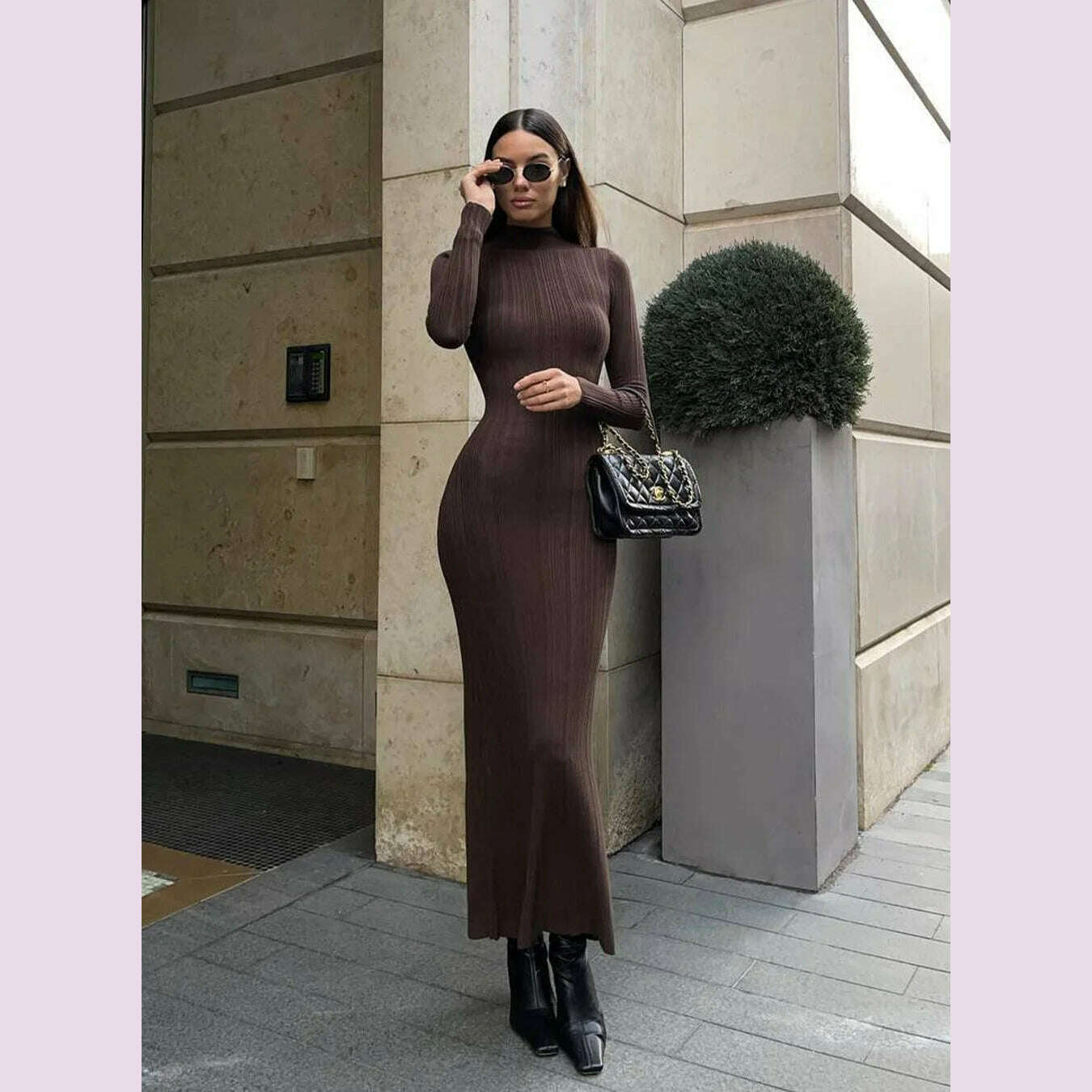 KIMLUD, 2024 Autumn Winter New Women Knitted Long Sleeved Sweater Dress Sexy High Neck Slim Fit Striped Fashionable Sweater Outwear, KIMLUD Womens Clothes