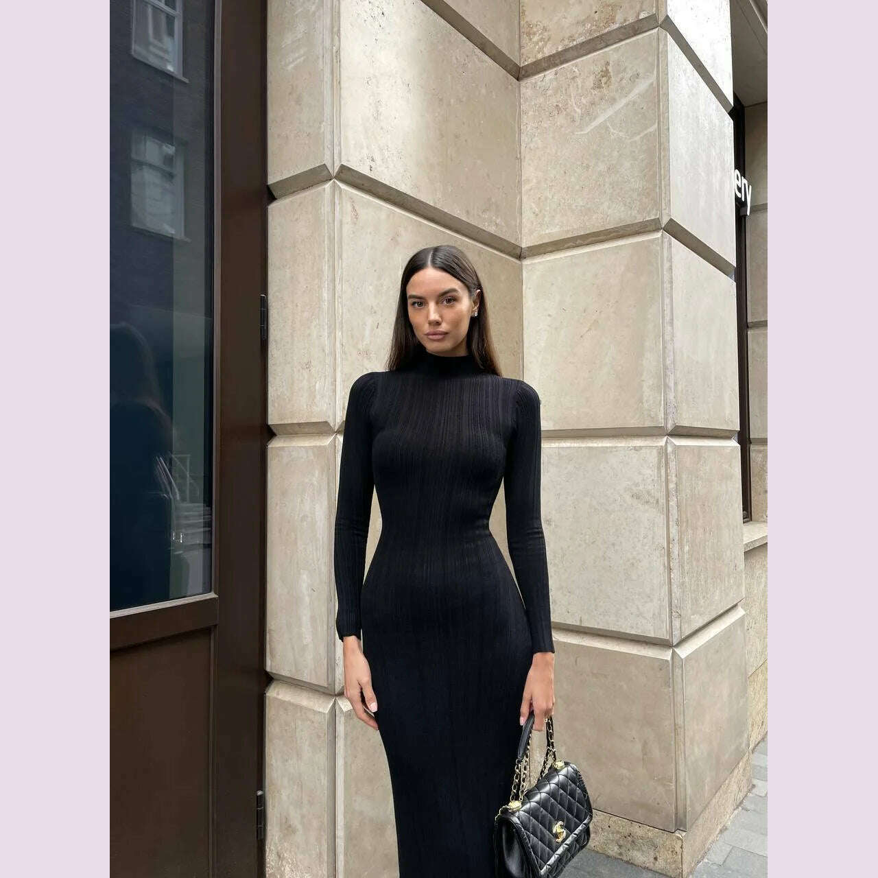 KIMLUD, 2024 Autumn Winter New Women Knitted Long Sleeved Sweater Dress Sexy High Neck Slim Fit Striped Fashionable Sweater Outwear, KIMLUD Womens Clothes