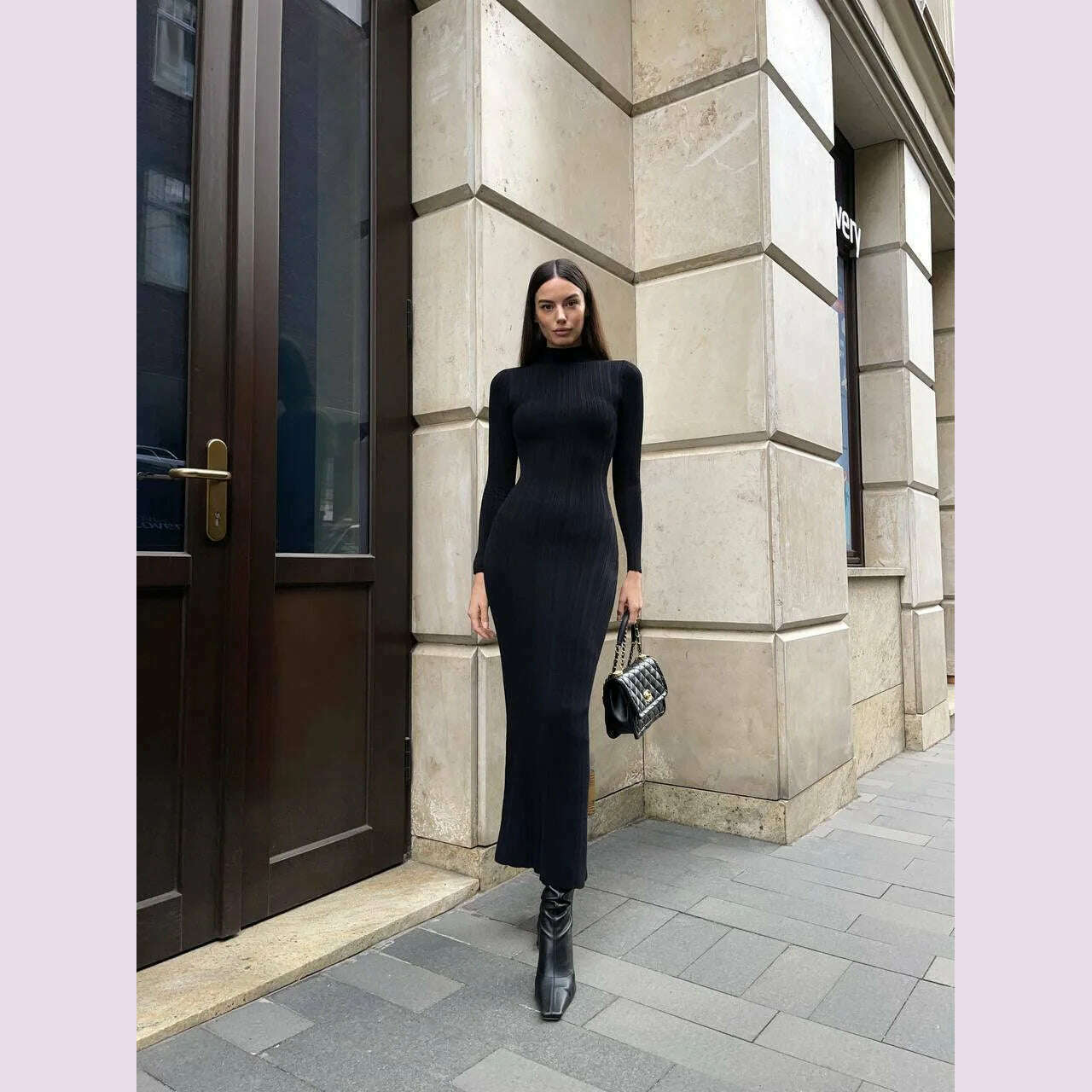 KIMLUD, 2024 Autumn Winter New Women Knitted Long Sleeved Sweater Dress Sexy High Neck Slim Fit Striped Fashionable Sweater Outwear, KIMLUD Womens Clothes