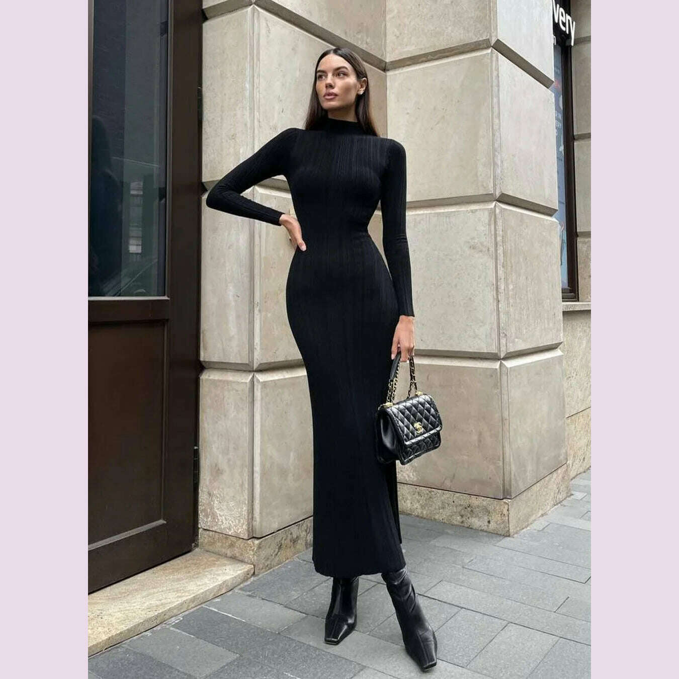 KIMLUD, 2024 Autumn Winter New Women Knitted Long Sleeved Sweater Dress Sexy High Neck Slim Fit Striped Fashionable Sweater Outwear, Black / M, KIMLUD APPAREL - Womens Clothes