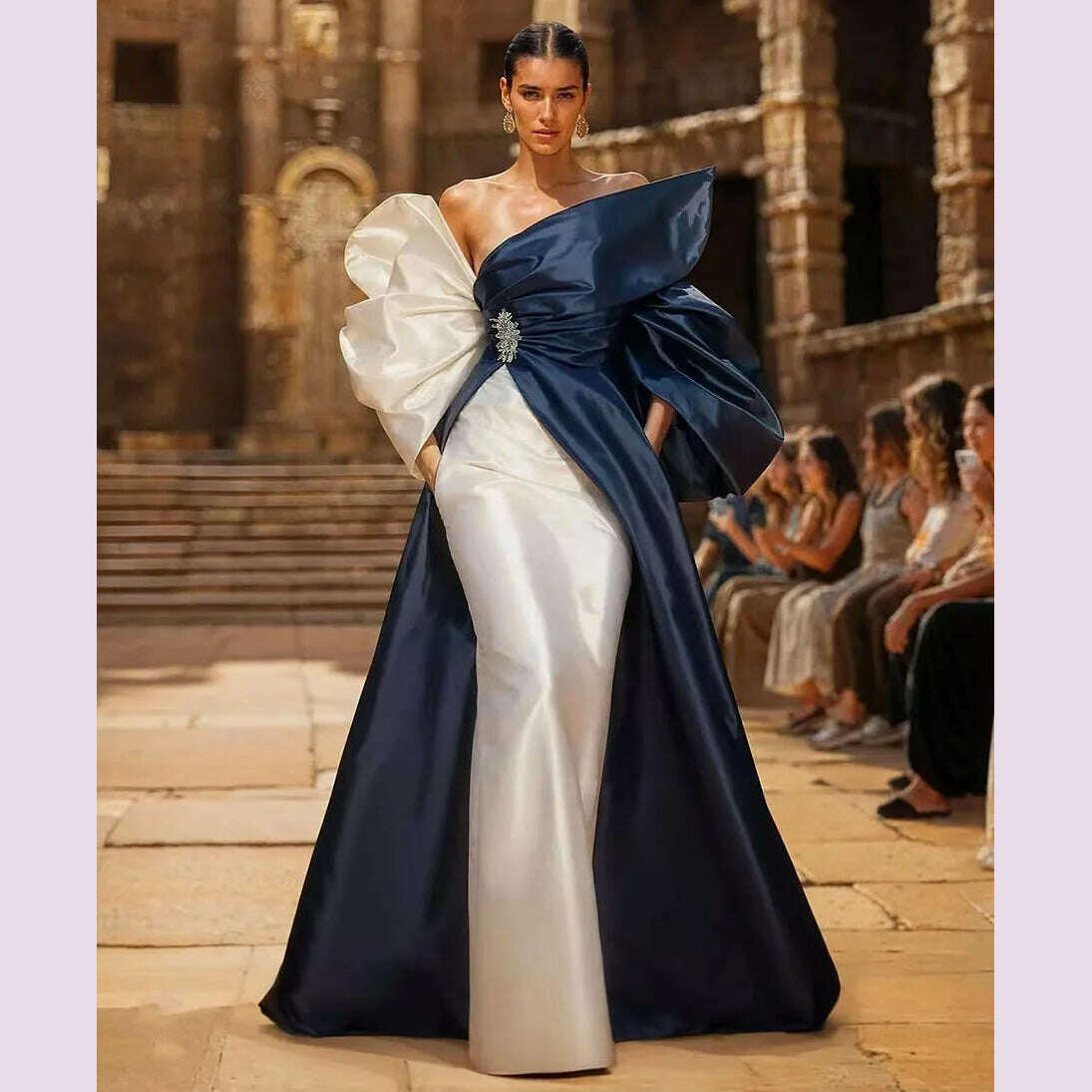 2024 Blue Satin Evening Dress Big Bow Cape with Long Train Elegant Prom Gown Fashion Chic for Women - KIMLUD