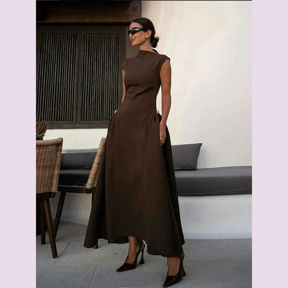 KIMLUD, 2024 Chic Solid Slanted Collar Pleated A-line Maxi Dress Women's Elegant Sleeveless High Waist Slim Dresses Female Evening Robes, KIMLUD Womens Clothes